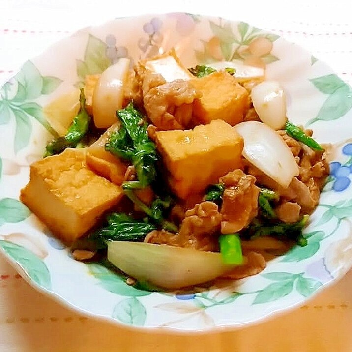 厚揚げと小松菜と豚肉の生姜味噌炒め